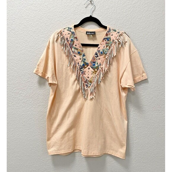 Vintage Rare Tony Ward Rare Xperiance Western Leather Fringe Studs Tee Large - Picture 1 of 7